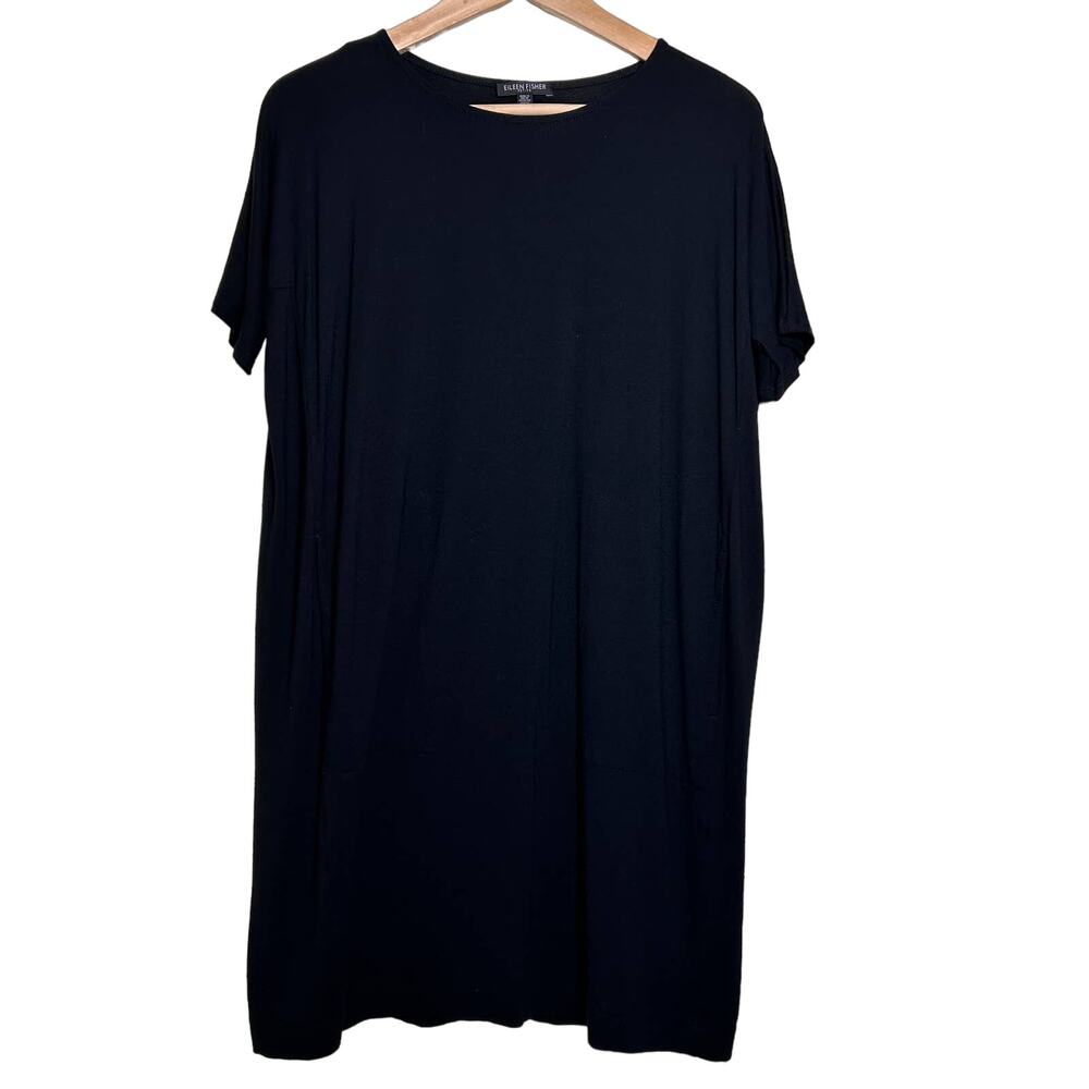 Eileen Fisher Black Lightweight Viscose Crew‎ Neck Tee Side Pockets Short Sleeve